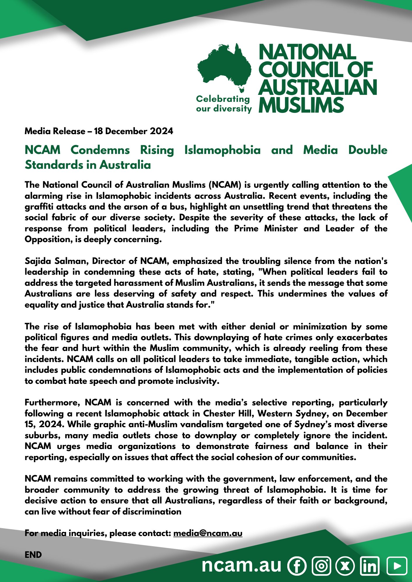 National Council of Australian Muslims (NCAM) 20241218 National Council of Australian Muslims (NCAM)