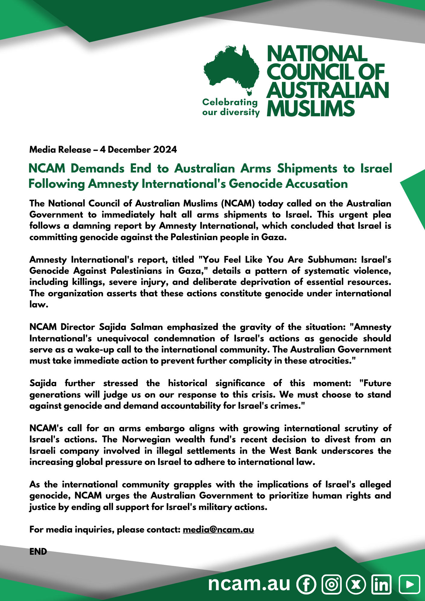 National Council of Australian Muslims (NCAM) 20241204 NCAM Demands End to Australian Arms Shipments to Israel Following Amnesty International's Genocide Accusation