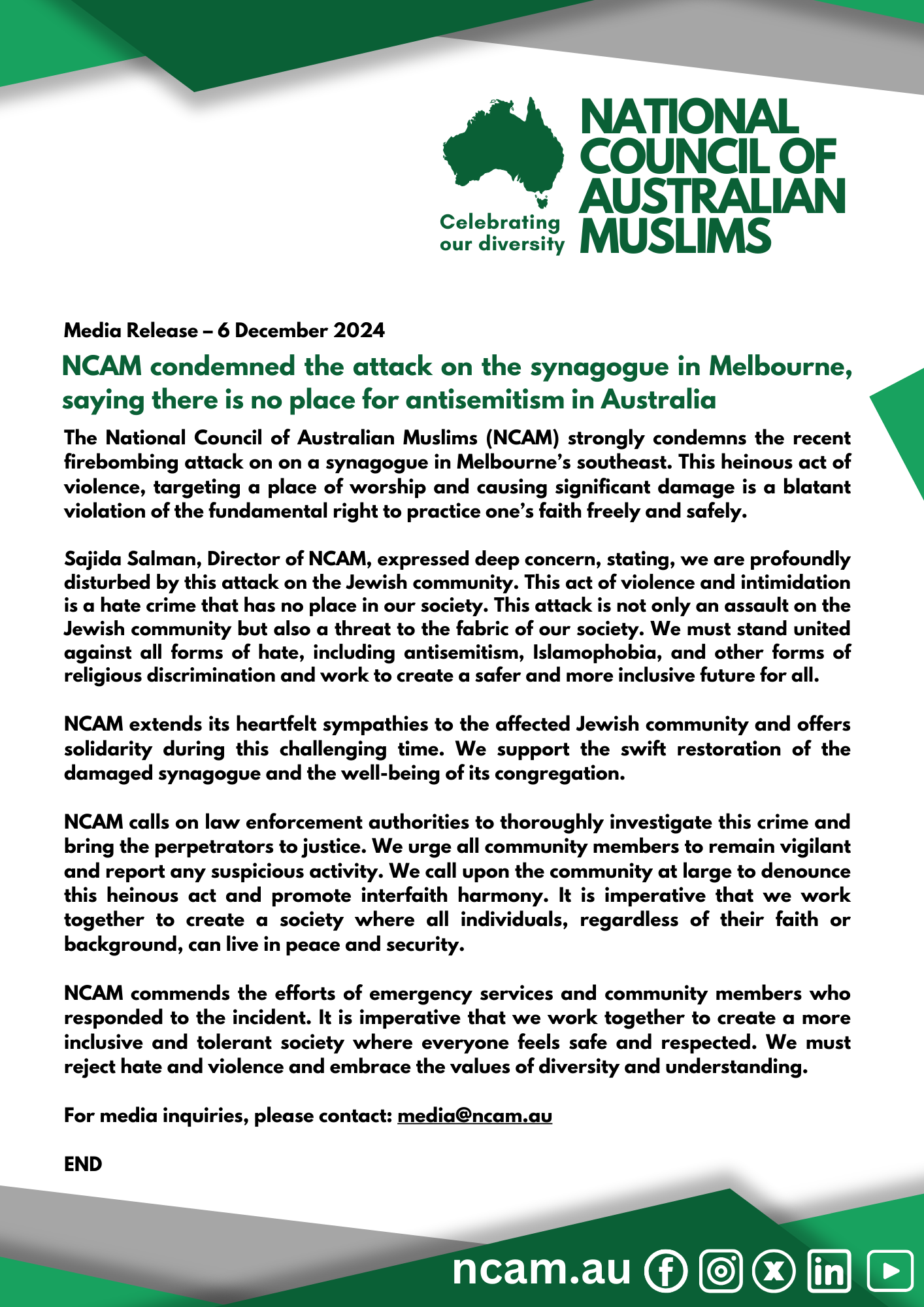 NCAM condemned the attack on the synagogue in Melbourne, saying there is no place for antisemitism in Australia
