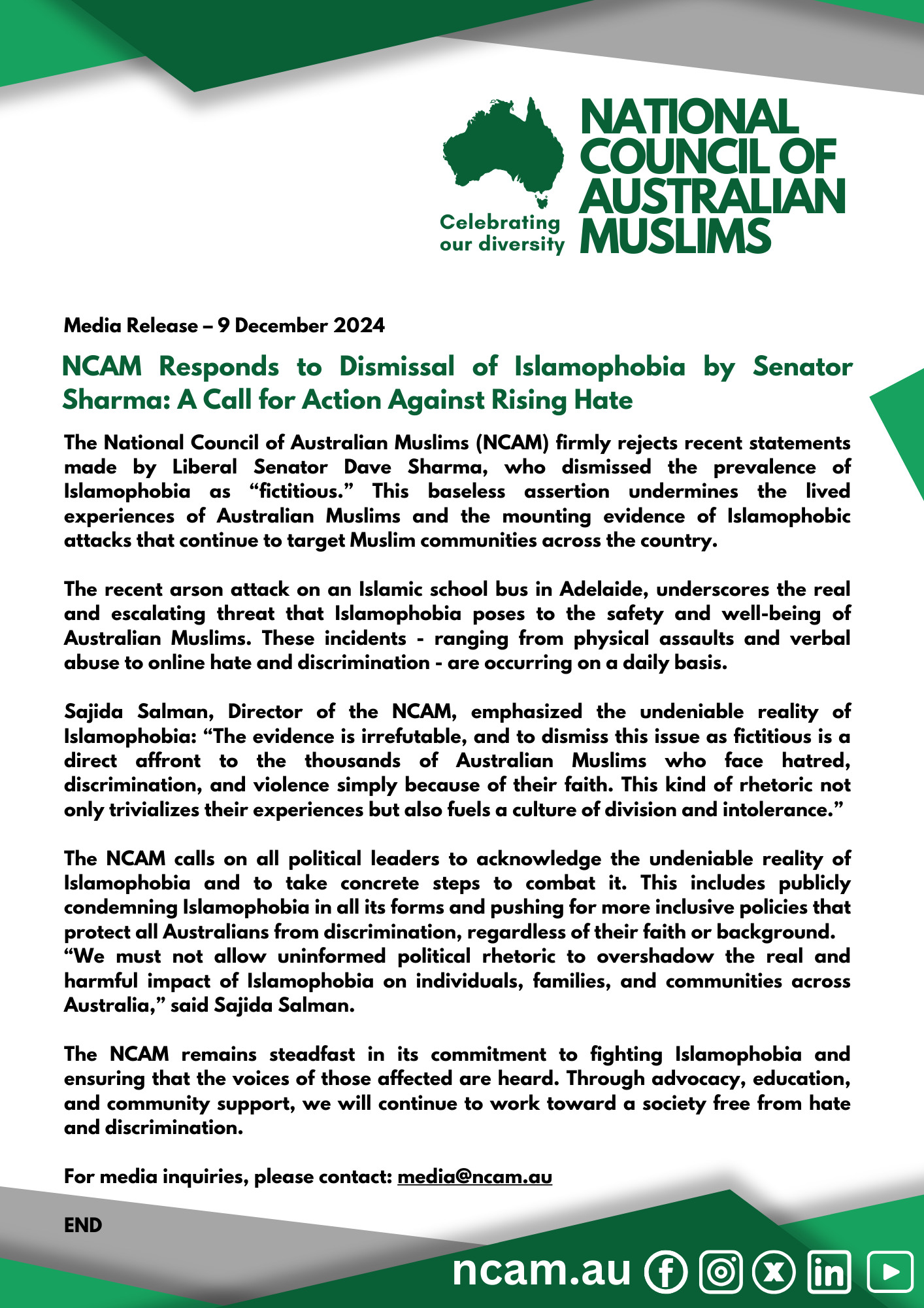 National Council of Australian Muslims (NCAM) 20241209a NCAM Responds to Dismissal of Islamophobia by Senator Sharma: A Call for Action Against Rising Hate