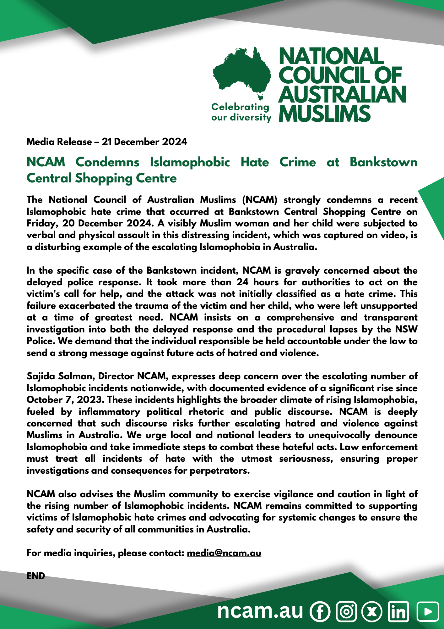 National Council of Australian Muslims (NCAM) 20241221 National Council of Australian Muslims (NCAM)