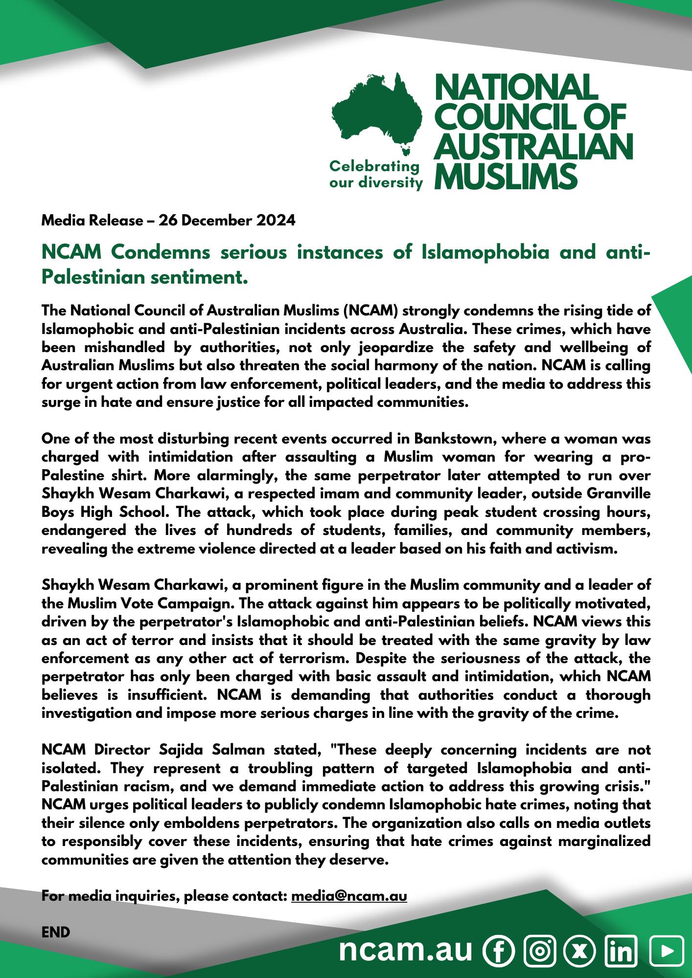 National Council of Australian Muslims (NCAM) 20241226 NCAM Condemns serious instances of Islamophobia and anti-Palestinian sentiment