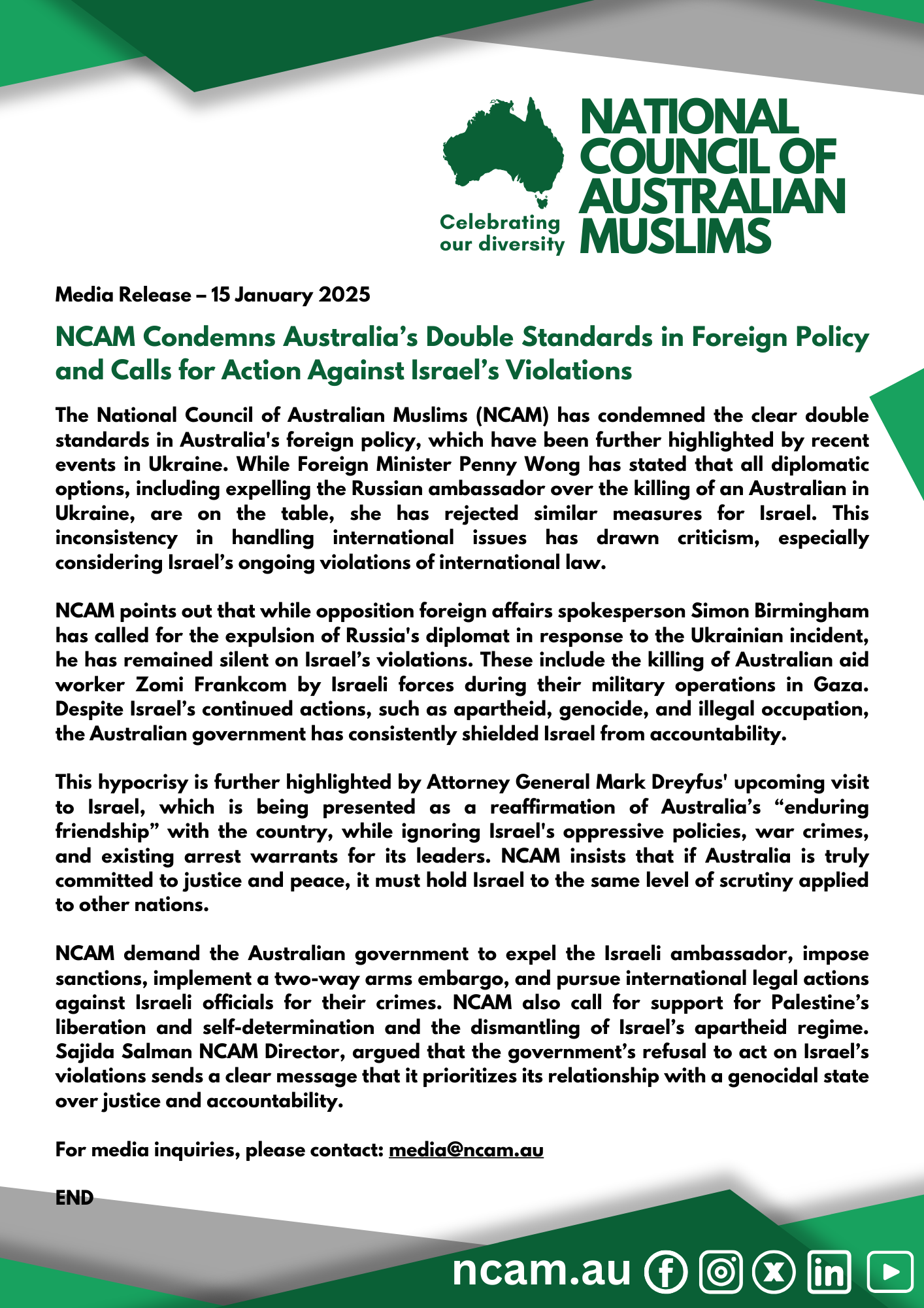 National Council of Australian Muslims (NCAM) 20250115 National Council of Australian Muslims (NCAM)