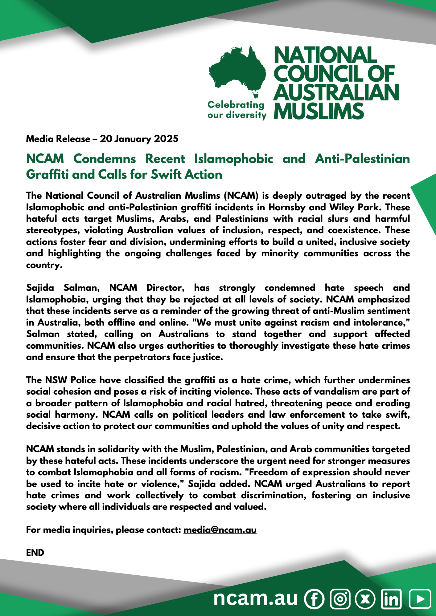 National Council of Australian Muslims (NCAM) 20250120 National Council of Australian Muslims (NCAM)