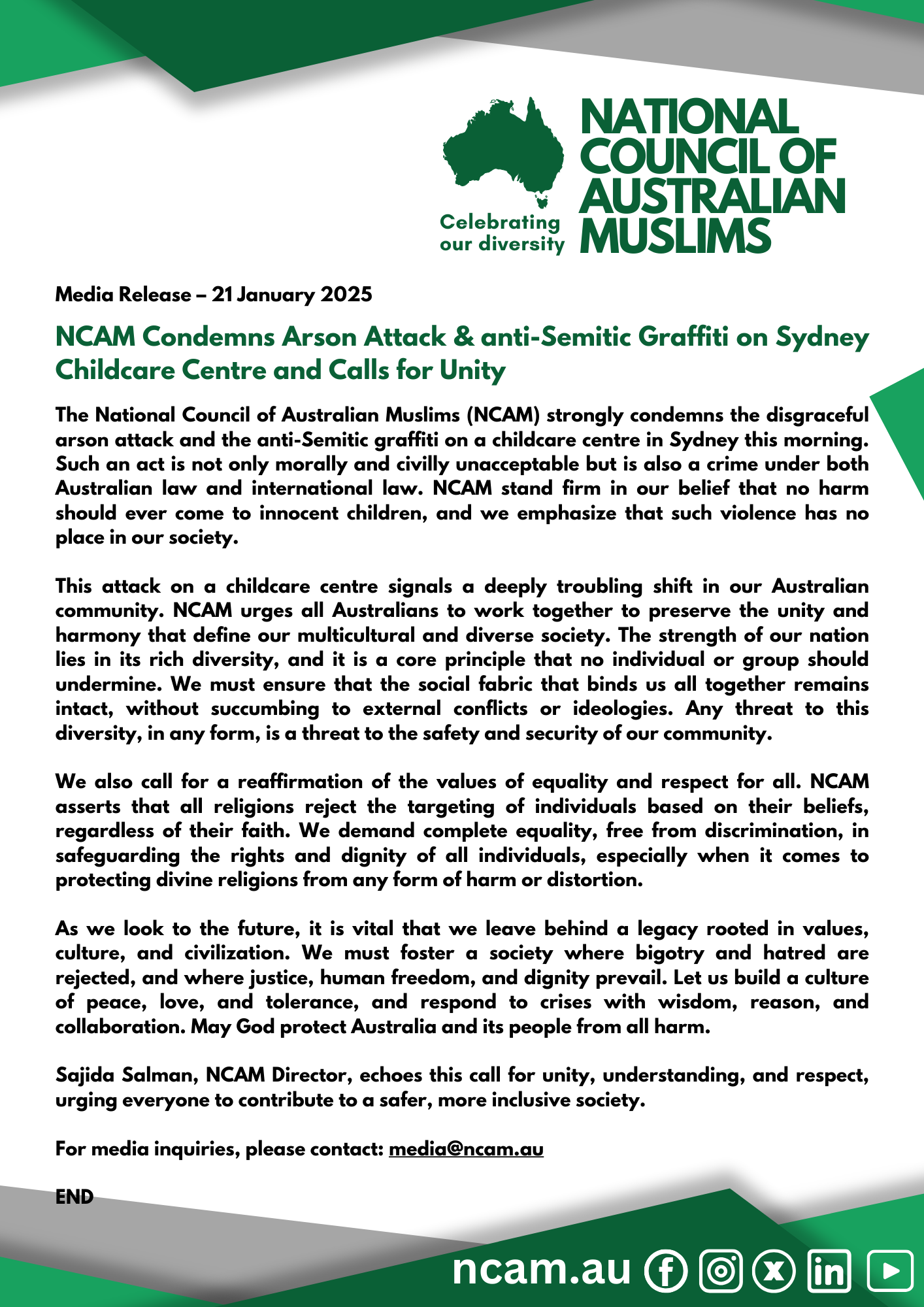National Council of Australian Muslims (NCAM) 20250121 NCAM Condemns Arson Attack & anti-Semitic Graffiti on Sydney Childcare Centre and Calls for Unity