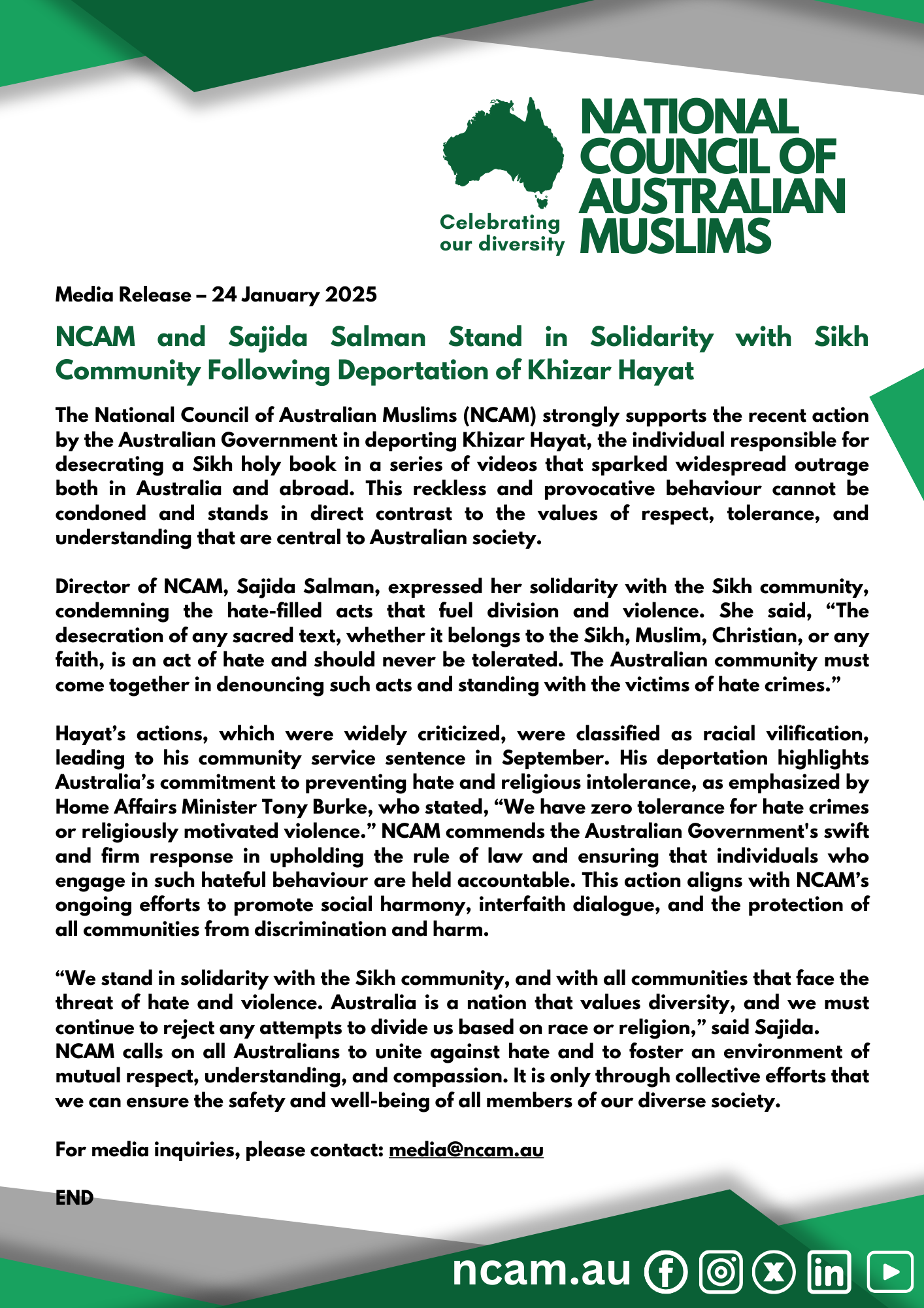 National Council of Australian Muslims (NCAM) 20250124 NCAM and Sajida Salman Stand in Solidarity with Sikh Community Following Deportation of Khizar Hayat