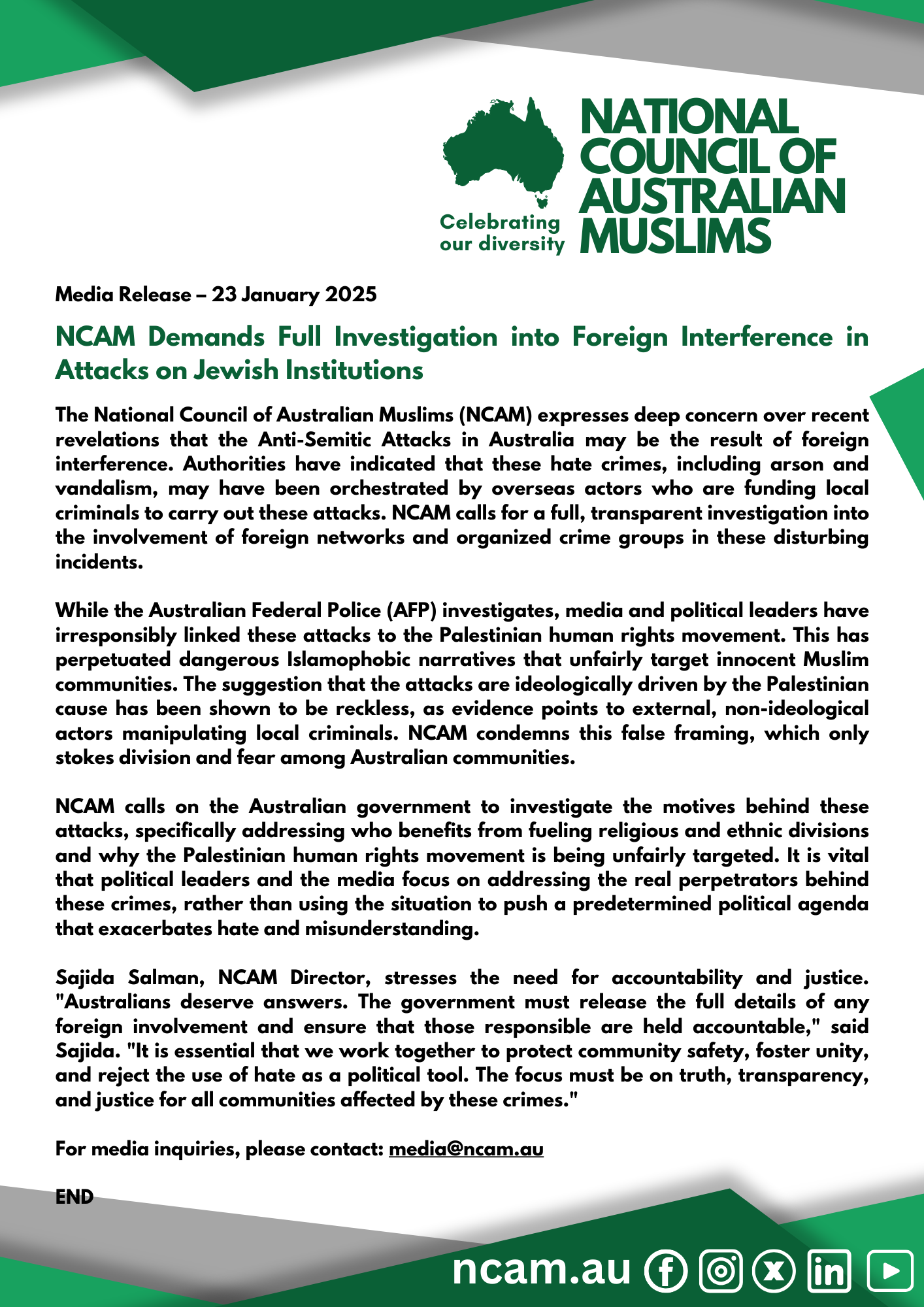 National Council of Australian Muslims (NCAM) 20250123 NCAM Demands Full Investigation into Foreign Interference in Attacks on Jewish Institutions
