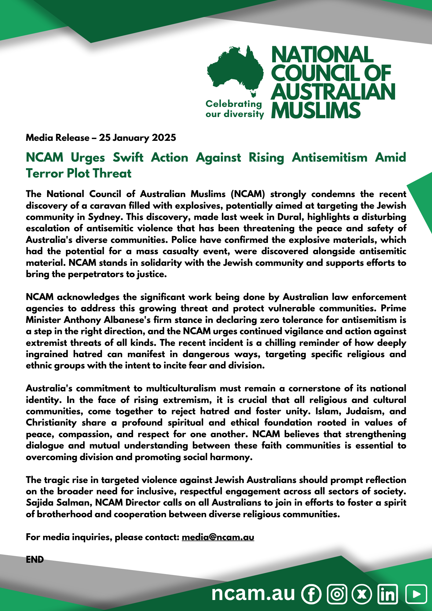 National Council of Australian Muslims (NCAM) 20250125 NCAM Urges Swift Action Against Rising Antisemitism Amid Terror Plot Threat