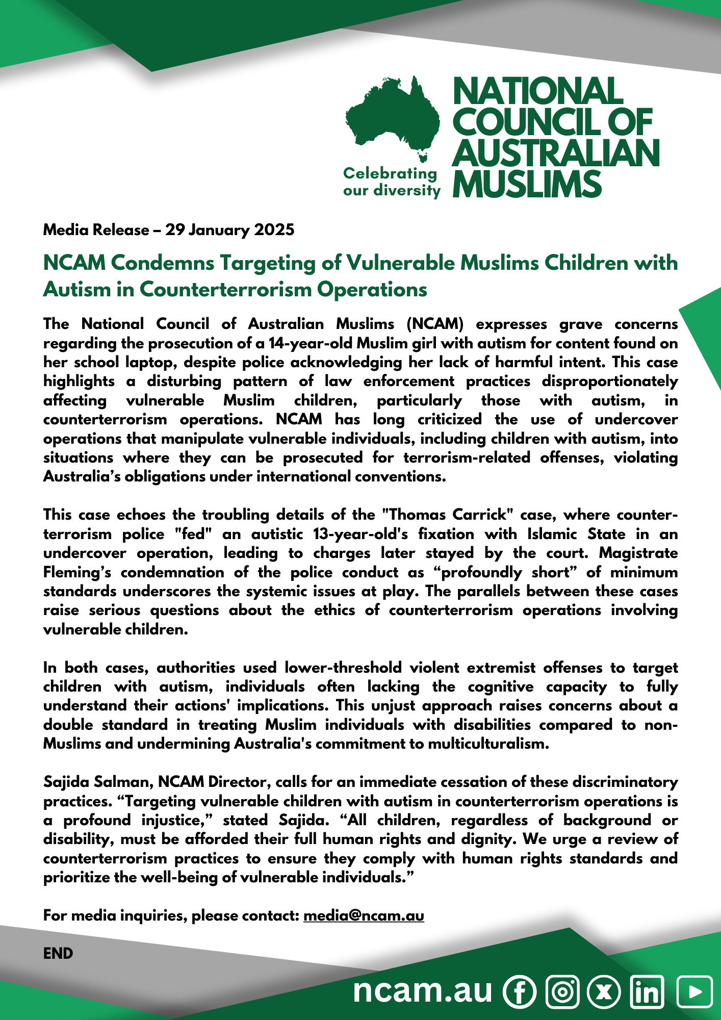 NCAM Media Release: Protecting Children with Autism from Counterterrorism Targeting NCAM Media Release regarding NCAM Media Release: Protecting Children with Autism from Counterterrorism Targeting