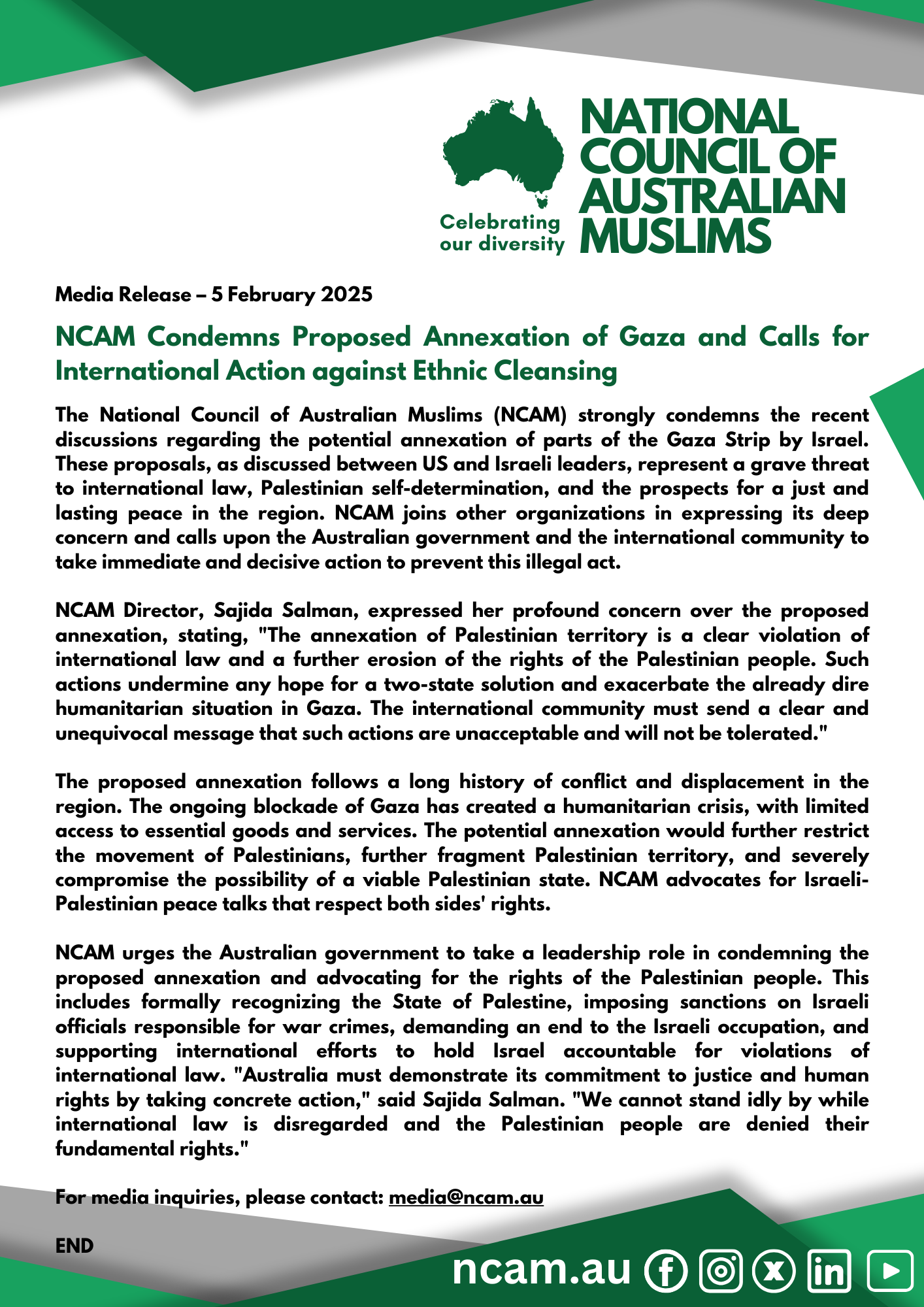 National Council of Australian Muslims (NCAM) 20250205 NCAM Condemns Proposed Annexation of Gaza and Calls for International Action against Ethnic Cleansing