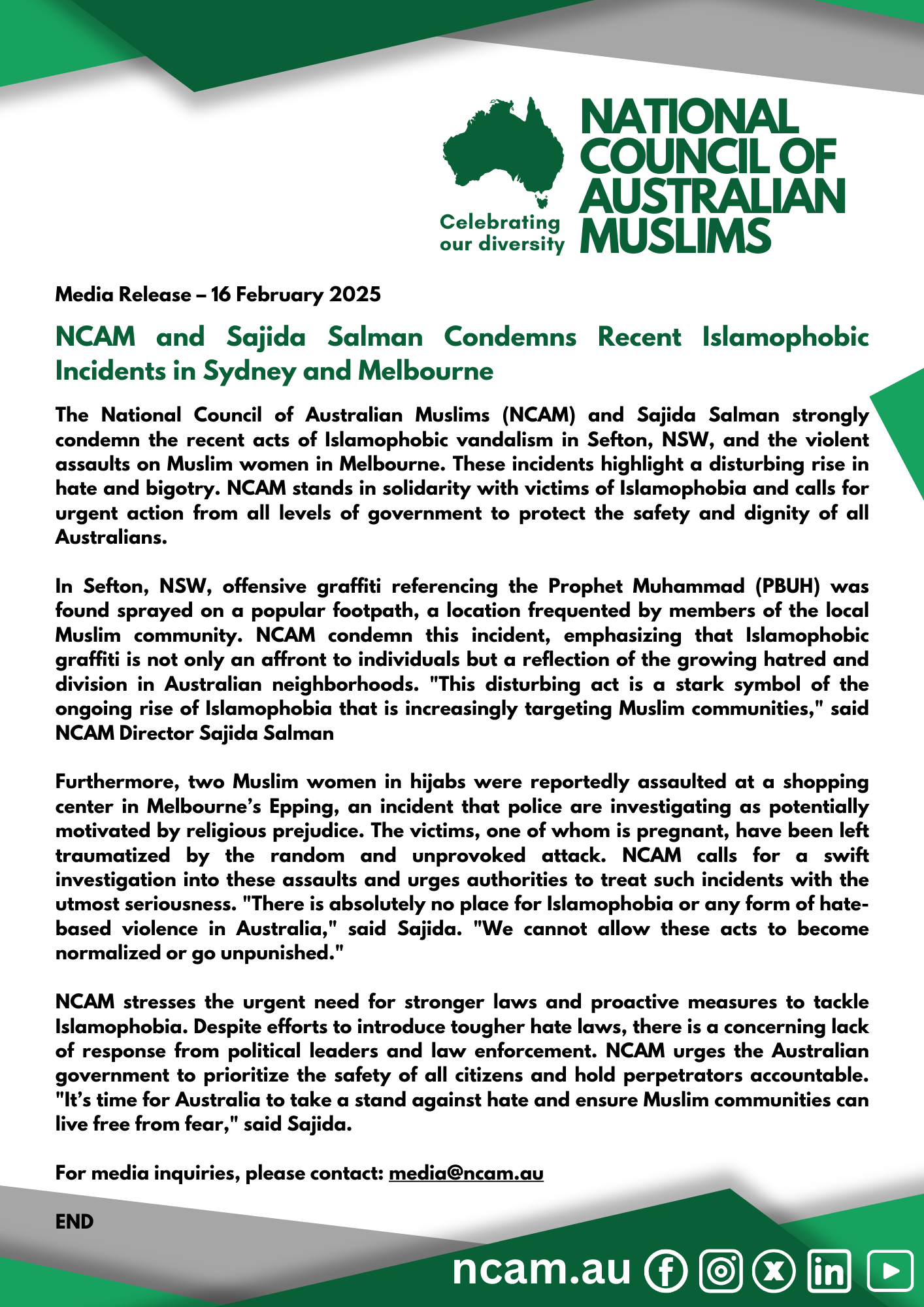 National Council of Australian Muslims (NCAM) 20250216 NCAM and Sajida Salman Condemns Recent Islamophobic Incidents in Sydney and Melbourne