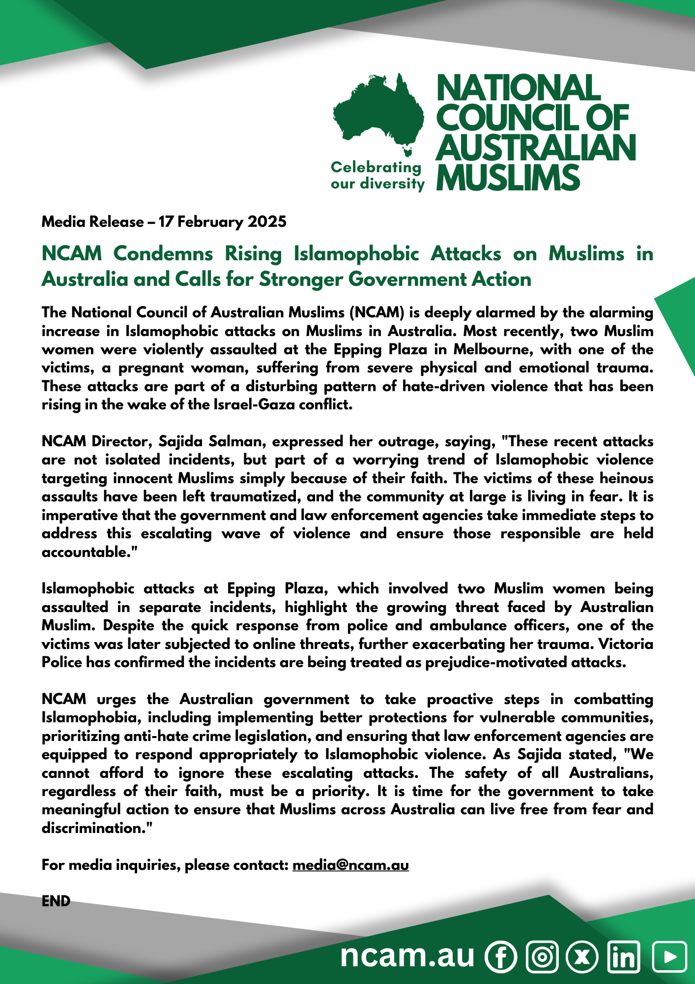 National Council of Australian Muslims (NCAM) 20250217 NCAM Condemns Rising Islamophobic Attacks on Muslims in Australia and Calls for Stronger Government Action