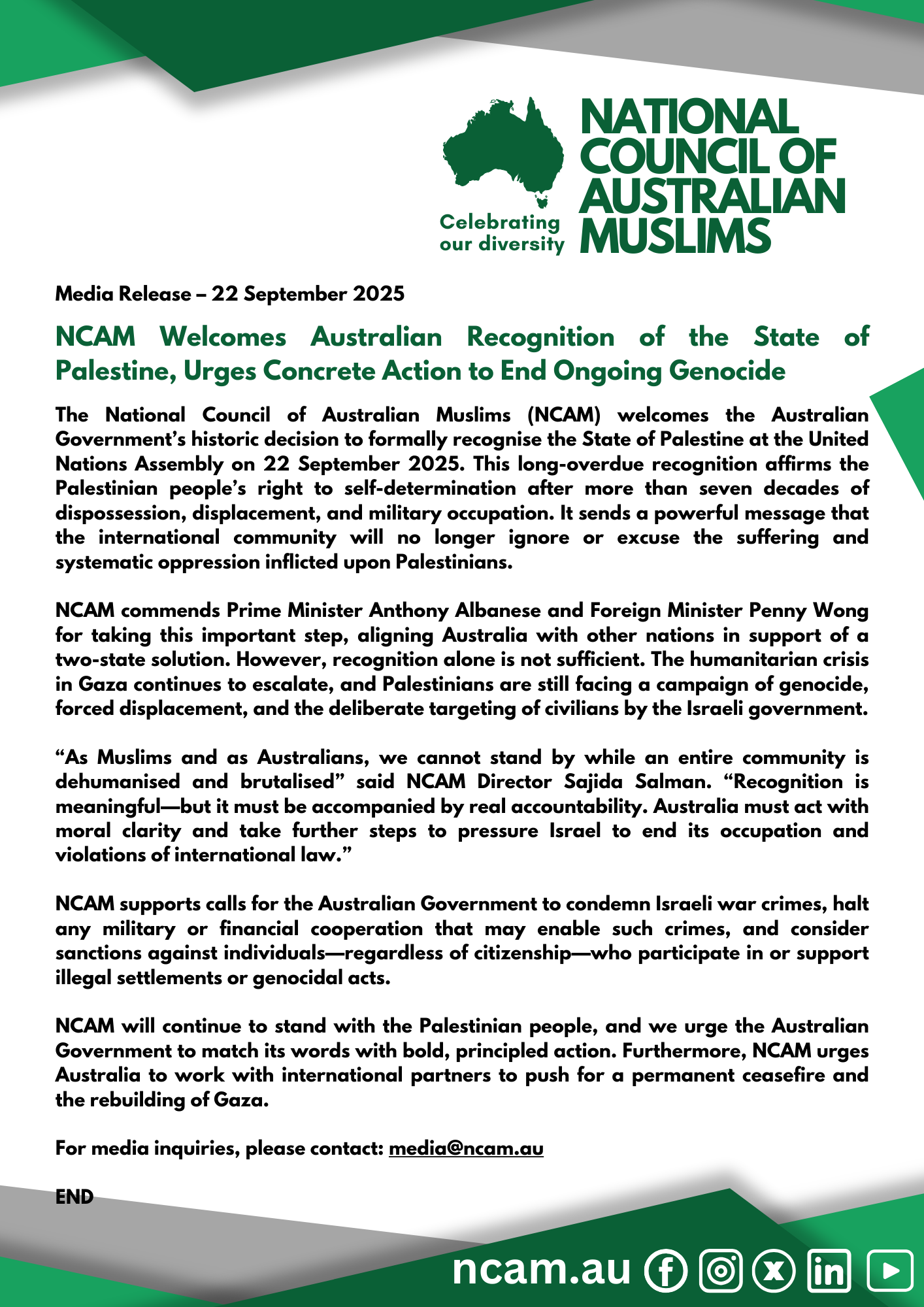 NCAM Welcomes Australian Recognition of the State of Palestine, Urges Concrete Action to End Ongoing Genocide
