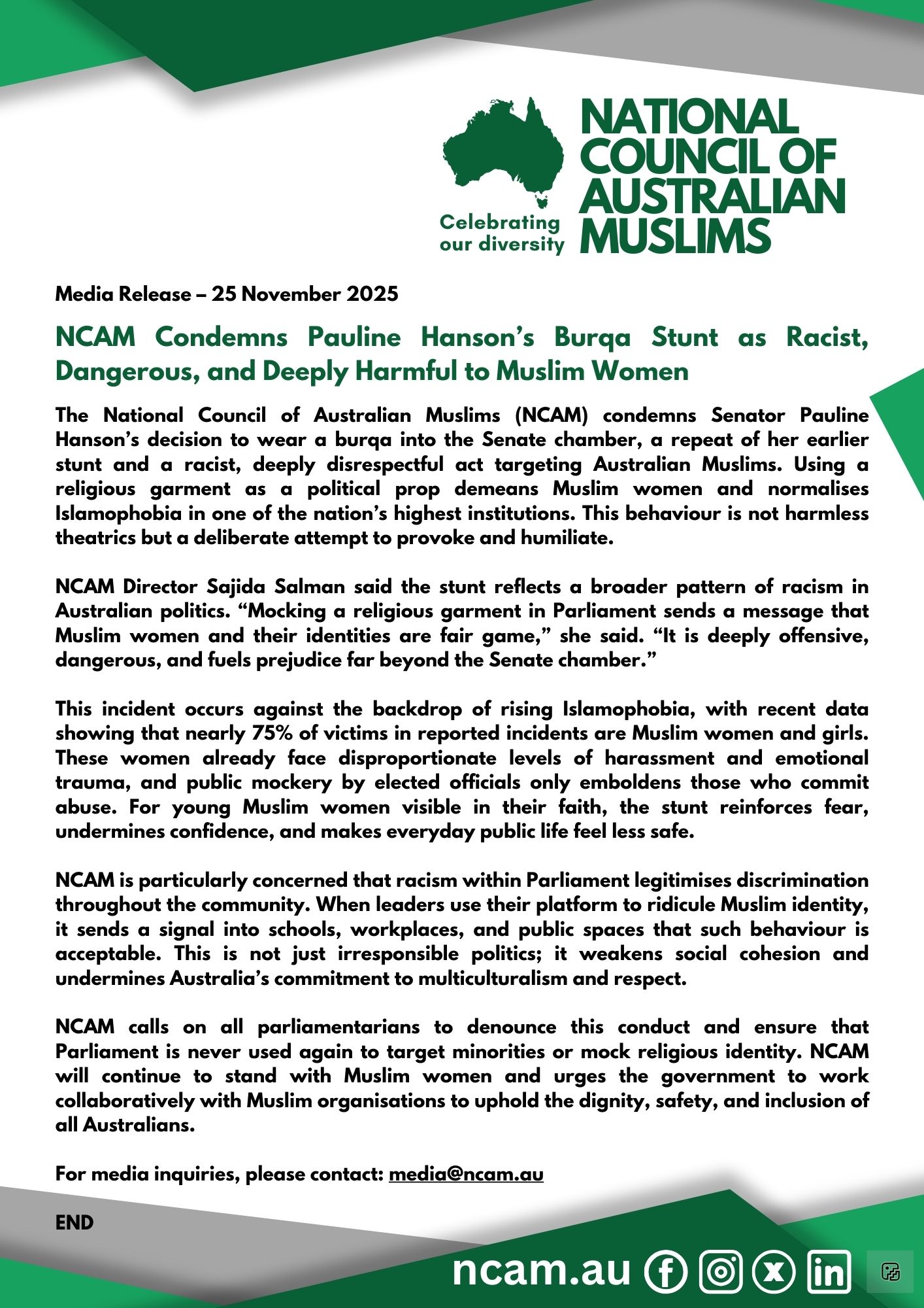 NCAM Condemns Pauline Hanson’s Burqa Stunt as Racist, Dangerous, and Deeply Harmful to Muslim Women
