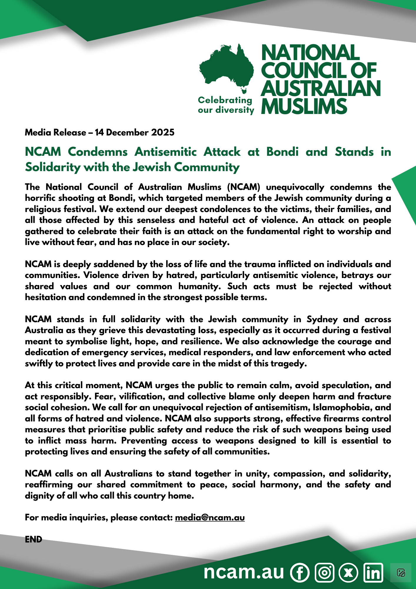 NCAM Condemns Antisemitic Attack at Bondi and Stands in Solidarity with the Jewish Community
